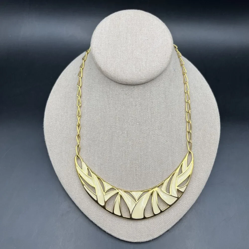Vintage Monet Enamel Bib Collar Necklace Cream Gold Tone Abstract Design 80s